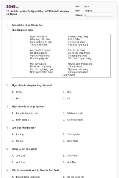 15 câu trắc nghiệm Ôn tập cuối học kì 2 Chân trời sáng tạo có đáp án