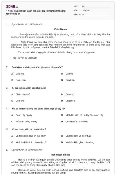 17 câu trắc nghiệm Đánh giá cuối học kì 2 Chân trời sáng tạo có đáp án