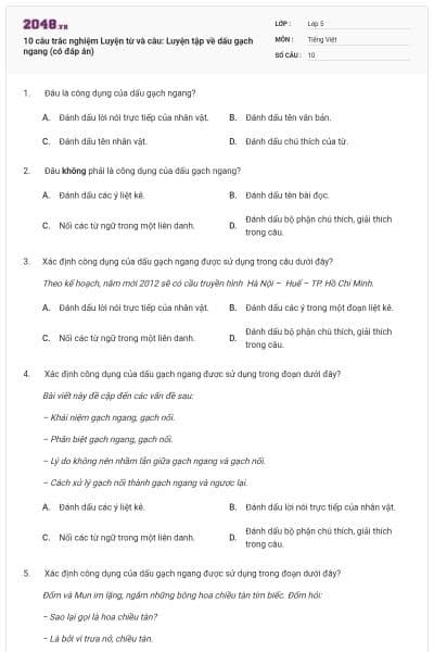 10 câu trắc nghiệm Luyện từ và câu: Luyện tập về dấu gạch ngang (có đáp án)