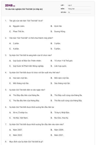 16 câu trắc nghiệm Giờ Trái Đất (có đáp án)