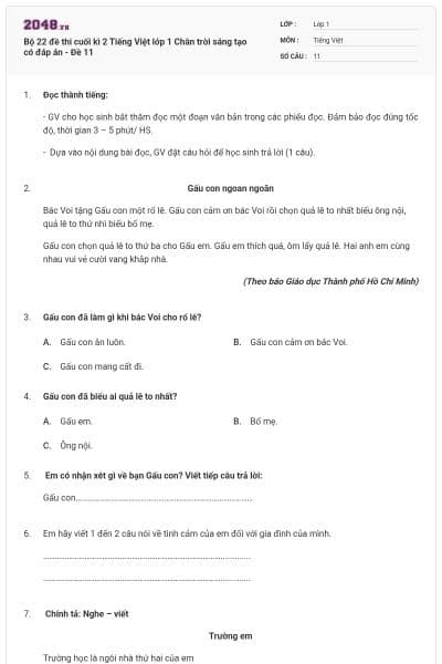 Bộ 22 đề thi cuối kì 2 Tiếng Việt lớp 1 Chân trời sáng tạo có đáp án - Đề 11