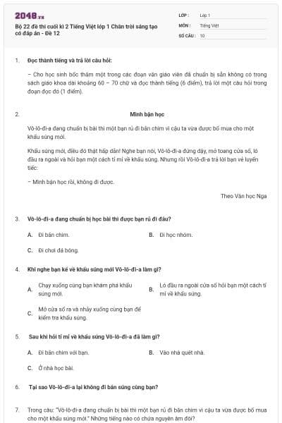 Bộ 22 đề thi cuối kì 2 Tiếng Việt lớp 1 Chân trời sáng tạo có đáp án - Đề 12