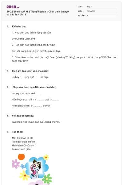 Bộ 22 đề thi cuối kì 2 Tiếng Việt lớp 1 Chân trời sáng tạo có đáp án - Đề 13