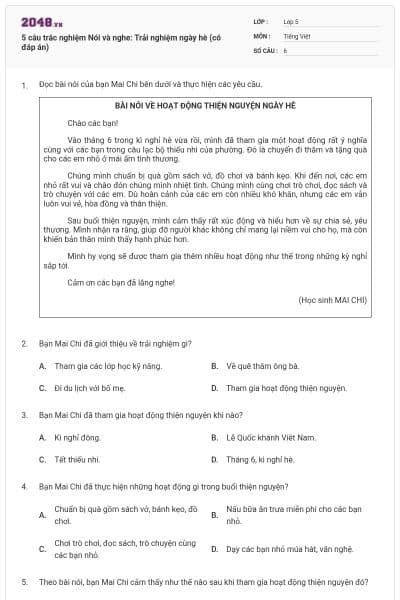 5 câu trắc nghiệm Nói và nghe: Trải nghiệm ngày hè (có đáp án)