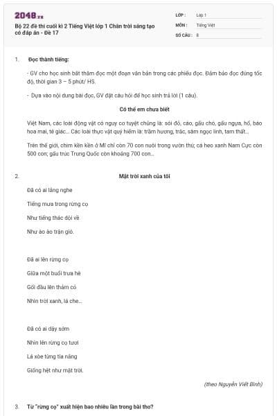 Bộ 22 đề thi cuối kì 2 Tiếng Việt lớp 1 Chân trời sáng tạo có đáp án - Đề 17