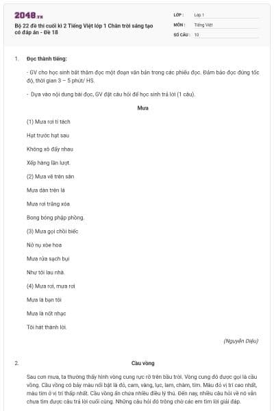 Bộ 22 đề thi cuối kì 2 Tiếng Việt lớp 1 Chân trời sáng tạo có đáp án - Đề 18