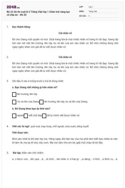 Bộ 22 đề thi cuối kì 2 Tiếng Việt lớp 1 Chân trời sáng tạo có đáp án - Đề 20