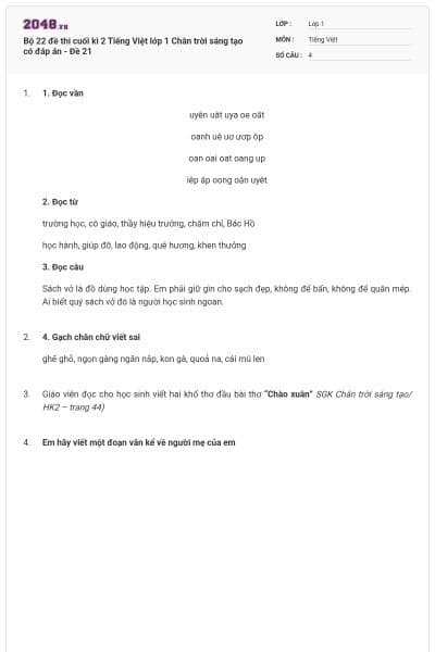 Bộ 22 đề thi cuối kì 2 Tiếng Việt lớp 1 Chân trời sáng tạo có đáp án - Đề 21