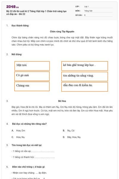 Bộ 22 đề thi cuối kì 2 Tiếng Việt lớp 1 Chân trời sáng tạo có đáp án - Đề 22