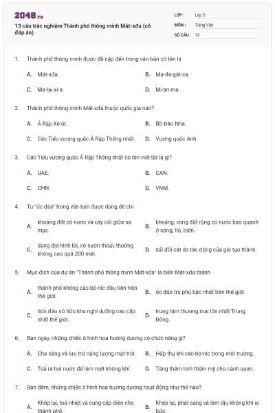 13 câu trắc nghiệm Thành phố thông minh Mát-xđa (có đáp án)