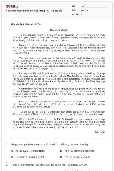 5 câu trắc nghiệm Đọc mở rộng (trang 147) (có đáp án)