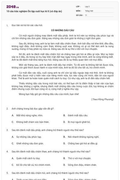 10 câu trắc nghiệm Ôn tập cuối học kì II (có đáp án)