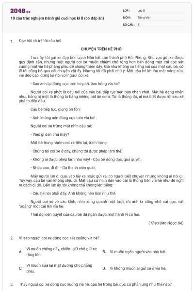 10 câu trắc nghiệm Đánh giá cuối học kì II (có đáp án)