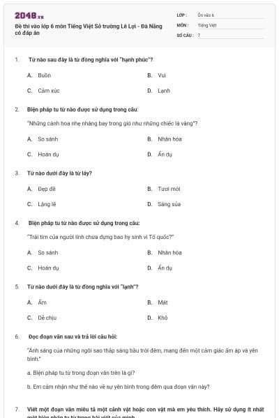 Đề thi vào lớp 6 môn Tiếng Việt Sở trường Lê Lợi - Đà Nẵng có đáp án