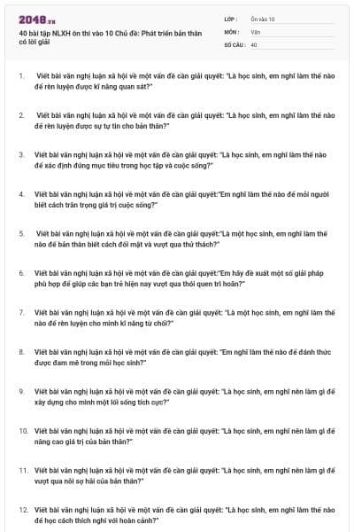 40 bài tập NLXH ôn thi vào 10 Chủ đề: Phát triển bản thân có lời giải