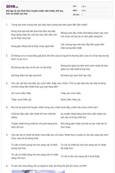 Bài tập về các hình thức truyền nhiệt: dẫn nhiệt, đối lưu, bức xạ nhiệt cực hay