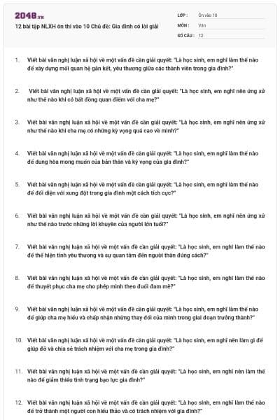 12 bài tập NLXH ôn thi vào 10 Chủ đề: Gia đình có lời giải