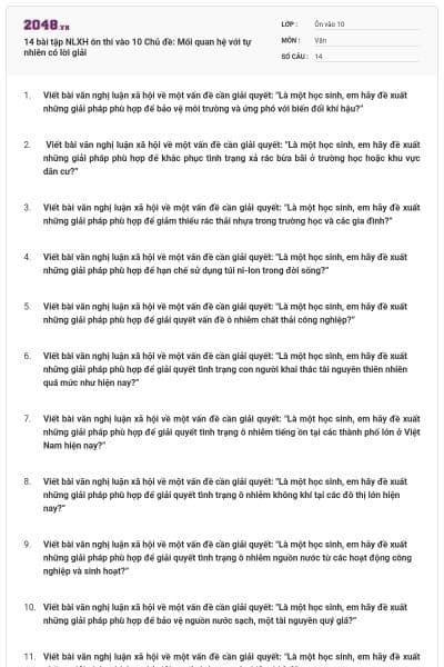 14 bài tập NLXH ôn thi vào 10 Chủ đề: Mối quan hệ với tự nhiên có lời giải