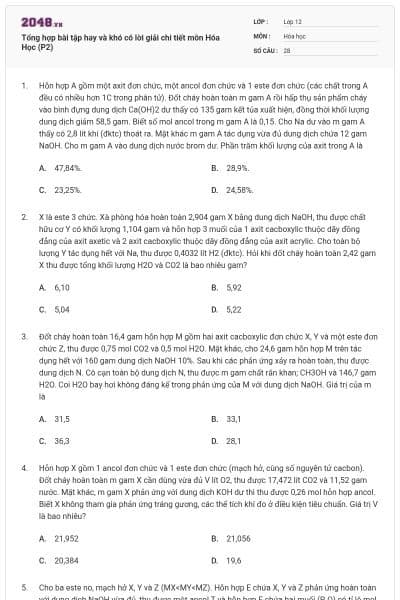 Tổng hợp bài tập hay và khó có lời giải chi tiết môn Hóa Học (P2)
