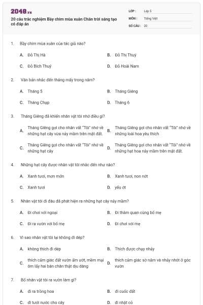 20 câu trắc nghiệm Bầy chim mùa xuân Chân trời sáng tạo có đáp án