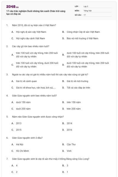 17 câu trắc nghiệm Dưới những tán xanh Chân trời sáng tạo có đáp án