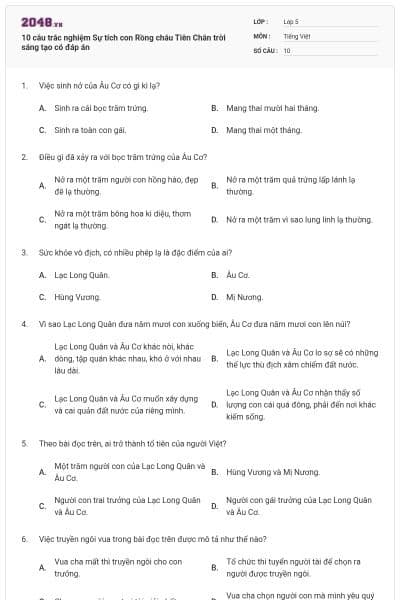 10 câu trắc nghiệm Sự tích con Rồng cháu Tiên Chân trời sáng tạo có đáp án