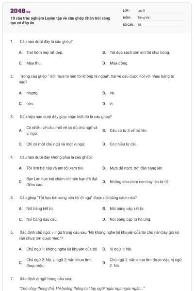10 câu trắc nghiệm Luyện tập về câu ghép Chân trời sáng tạo có đáp án
