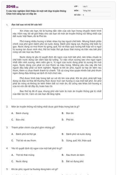 5 câu trắc nghiệm Giới thiệu về một nét đẹp truyền thống Chân trời sáng tạo có đáp án