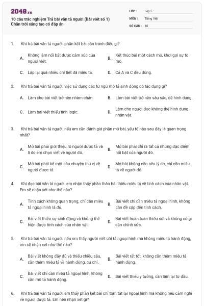 10 câu trắc nghiệm Trả bài văn tả người (Bài viết số 1) Chân trời sáng tạo có đáp án