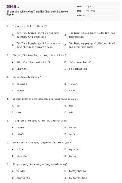 20 câu trắc nghiệm Ông Trạng Nồi Chân trời sáng tạo có đáp án