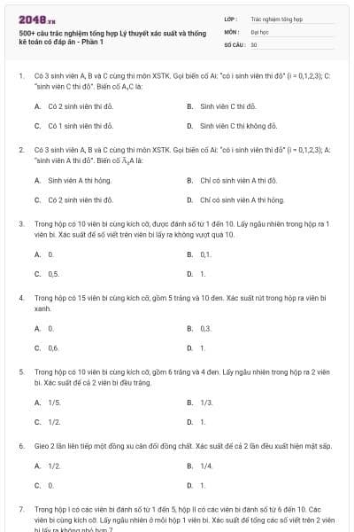 500+ câu trắc nghiệm tổng hợp Lý thuyết xác suất và thống kê toán có đáp án - Phần 1