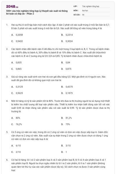 500+ câu trắc nghiệm tổng hợp Lý thuyết xác suất và thống kê toán có đáp án - Phần 2