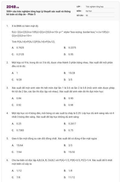 500+ câu trắc nghiệm tổng hợp Lý thuyết xác suất và thống kê toán có đáp án - Phần 5
