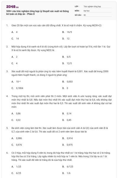 500+ câu trắc nghiệm tổng hợp Lý thuyết xác suất và thống kê toán có đáp án - Phần 8