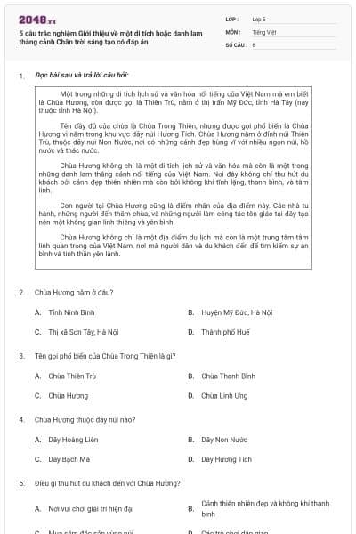 5 câu trắc nghiệm Giới thiệu về một di tích hoặc danh lam thắng cảnh Chân trời sáng tạo có đáp án