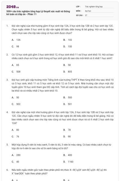 500+ câu trắc nghiệm tổng hợp Lý thuyết xác suất và thống kê toán có đáp án - Phần 11