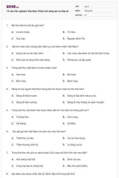 19 câu trắc nghiệm Việt Nam Chân trời sáng tạo có đáp án