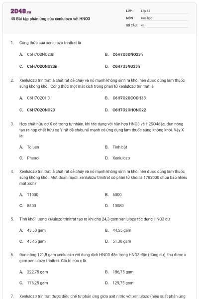 45 Bài tập phản ứng của xenlulozơ với HNO3