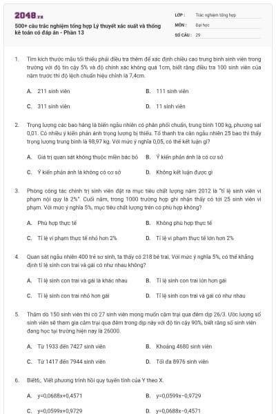 500+ câu trắc nghiệm tổng hợp Lý thuyết xác suất và thống kê toán có đáp án - Phần 13