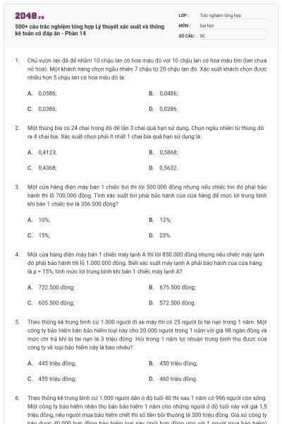 500+ câu trắc nghiệm tổng hợp Lý thuyết xác suất và thống kê toán có đáp án - Phần 14