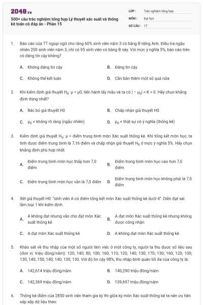 500+ câu trắc nghiệm tổng hợp Lý thuyết xác suất và thống kê toán có đáp án - Phần 15