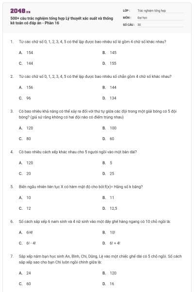 500+ câu trắc nghiệm tổng hợp Lý thuyết xác suất và thống kê toán có đáp án - Phần 16