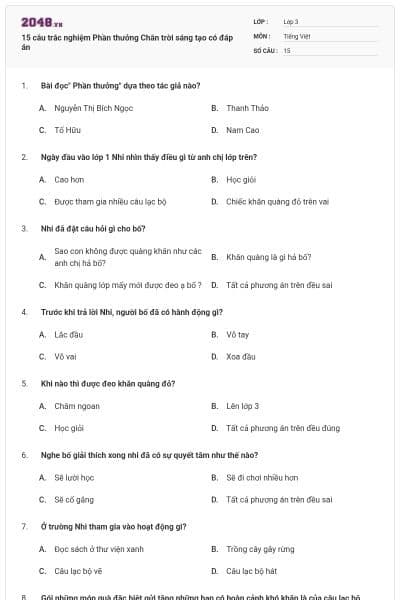 15 câu trắc nghiệm Phần thưởng Chân trời sáng tạo có đáp án