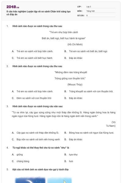 8 câu trắc nghiệm Luyện tập về so sánh Chân trời sáng tạo có đáp án