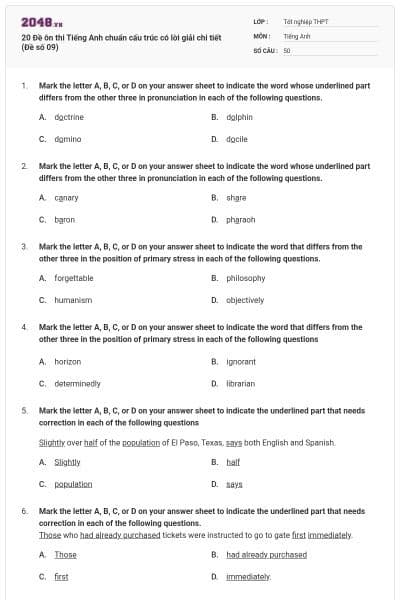 20 Đề ôn thi Tiếng Anh chuẩn cấu trúc có lời giải chi tiết (Đề số 09)