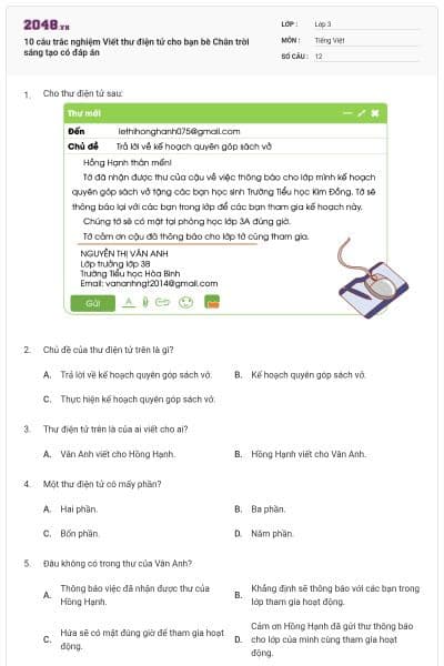 10 câu trắc nghiệm Viết thư điện tử cho bạn bè Chân trời sáng tạo có đáp án