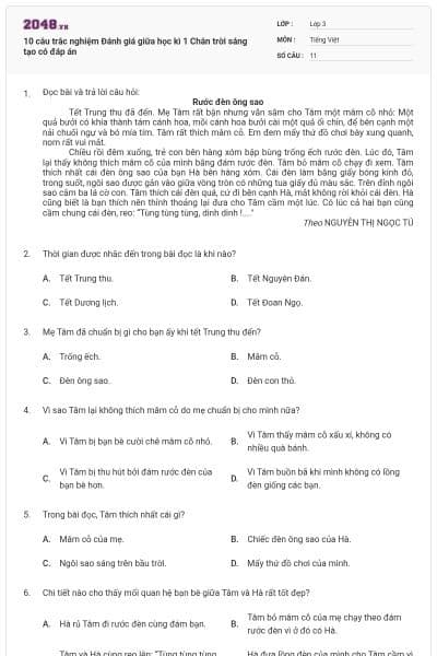 10 câu trắc nghiệm Đánh giá giữa học kì 1 Chân trời sáng tạo có đáp án