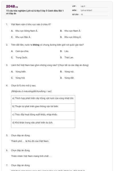 15 câu trắc nghiệm Lịch sử & Địa lí lớp 5 Cánh diều Bài 1 có đáp án