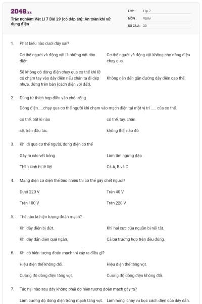 Trắc nghiệm Vật Lí 7 Bài 29 (có đáp án): An toàn khi sử dụng điện