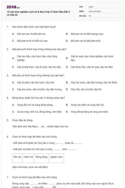 10 câu trắc nghiệm Lịch sử & Địa lí lớp 5 Cánh diều Bài 2 có đáp án